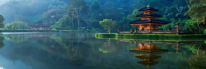 Poster - A riverbank temple in the heart of the jungle, its reflection mingling with the lush greenery and flowing waters