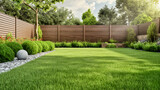 Fototapeta  - green grass lawn, plants and wooden fence in modern backyard patio