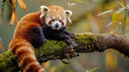 Poster - A red panda is comfortably perched on a tree branch, showcasing its vibrant red fur and adorable face. The small mammal seems at ease as it balances on the sturdy branch, surrounded by lush green leav