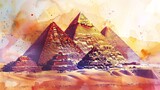 A watercolor painting depicting three pyramids standing tall in the desert landscape, showcasing the iconic architectural wonders in a sandy terrain under a clear sky.