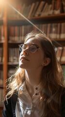 Poster - A woman with glasses is looking up attentively in a library, surrounded by shelves of books. She appears focused and engrossed in her reading or research.