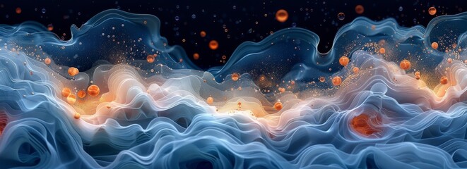 Poster - A blue and orange wave with many small orange dots. The image is abstract and has a dreamy, ethereal quality