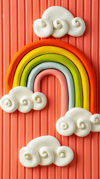 Pastel-colored 3D rainbow with beautiful white clouds on a reddish background. Children's products exhibition scene. vertical image