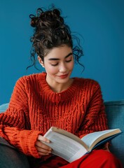 A woman in a red sweater is reading on the sofa against a blue background with a happy expression