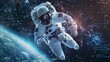 An astronaut wearing a spacesuit floats weightlessly in the vast expanse of outer space, surrounded by stars and the darkness of the cosmos.