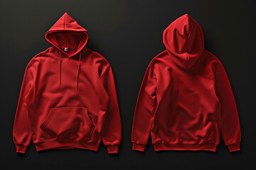 red hoodie front and back side, high quality, dark background, mockup сreated with Generative Ai