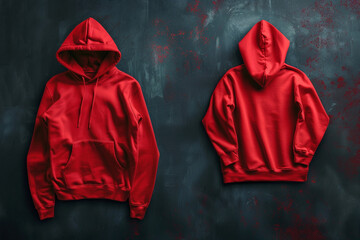 red hoodie front and back side, high quality, dark background, mockup сreated with Generative Ai