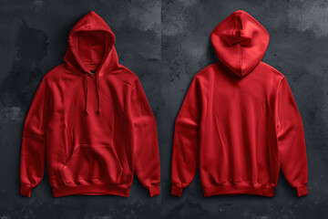 red hoodie front and back side, high quality, dark background, mockup сreated with Generative Ai