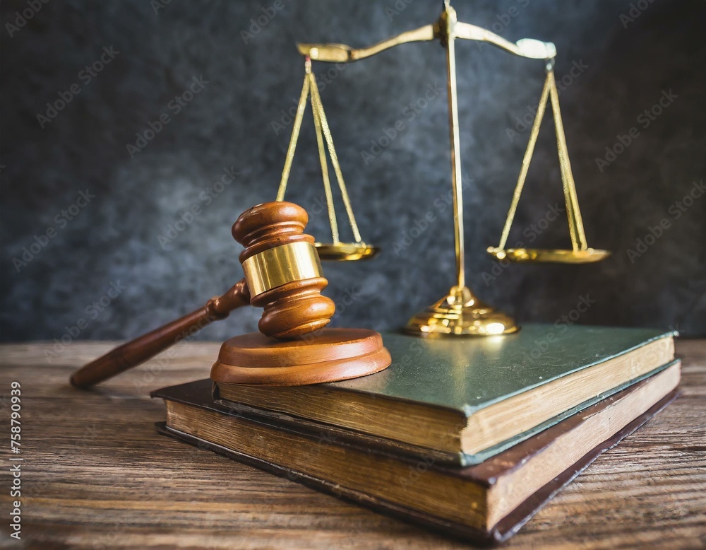 Wooden gavel, Vintage law scales and books on the desk front concrete ...
