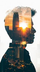 Poster - A digital art piece showcasing a double exposure of a mans face intertwined with the city skyline in the background. The persons features blend seamlessly with the urban landscape, creating a unique v