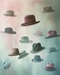 Magicians hats flying in the sky with clouds. Vintage style. A conceptual composition showcasing a surreal scene of floating hats, each representing a different era and style. 