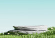 Stone product display podium stand in meadow with daisy blossom flowers. 3D rendering