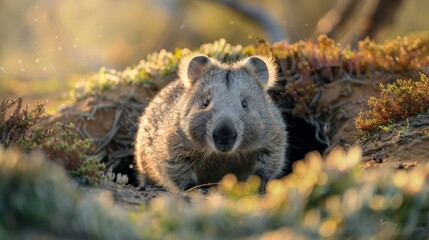 Aufkleber - A small animal is peeking out of a hole in the ground. The animal is brown and has a big nose