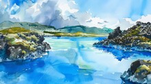 A Watercolor Painting Depicting A Scenic View Of The Blue Lagoon, With Majestic Mountains In The Background. The Body Of Water Shimmers Under The Sunlight, Contrasting With The Rugged Peaks Reaching T