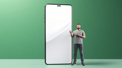 Poster - Generative AI Pointing at device screen. Photo and 3d illustration of man standing next to huge 3d model of smartphone with empty white screen isolated on green background. Mockup for ad, text, design