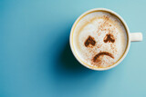 Fototapeta  - Coffee cup with sad face drawn on coffee milk foam. Top view to mug with coffee on blue background. Blue Monday, hard morning, difficult day, negative emotions, loneliness, loss, problem, difficulties