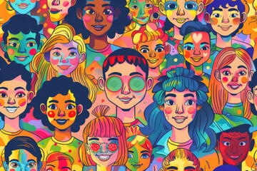 Diverse people of different nationalities, women and men with happy smiling faces in a cartoon style seamless pattern. Portraits of many diverse young people with colorful makeup on their cheeks