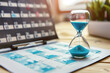 A conceptual photo of an hourglass superimposed over a calendar, highlighting the interconnectedness of time management and meeting deadlines in a professional setting