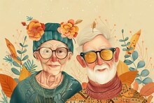 An Illustrated Portrait Of A Stylish Elderly Couple Framed By Autumnal Foliage, Capturing A Sense Of Enduring Love And Fashion-forward Attitude.