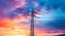 An Electricity Pylon Stands As A Silhouette Against A Vibrant Sunset Sky With Hues Of Blue And Pink.

