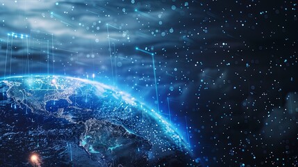 Poster - Digital Global Network Connection Concept A conceptual representation of a global network with digital connections and nodes illustrating data communication around the Earth.

