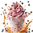 Delicious pink ice cream with exploding and melting chocolate pieces, in a waffle cup. Isolated ice cream. Illustration for banner, invitation, promo or poster.