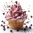 Delicious pink ice cream with exploding and melting chocolate pieces, in a waffle cup. Isolated ice cream. Illustration for banner, invitation, promo or poster.