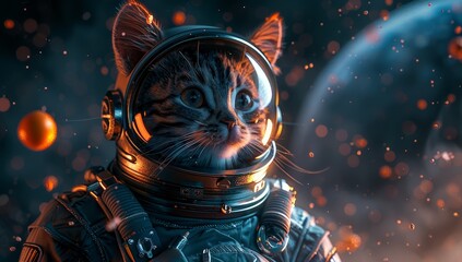 Wall Mural - A cute cat in an astronaut suit floating among the stars