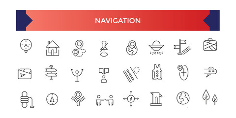 Navigation icon set, Location and Map Line Vector Icons Set. Contains Map with a Pin, Navigator. Outline symbol collection.