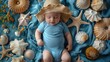 a baby, showcasing a blue, pink, or white bodysuit without labels, evoking the soothing colors of the beach and imbuing the scene with warmth and tranquility.