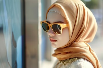 Wall Mural - beautiful young muslim girl in hijab and stylish sunglasses