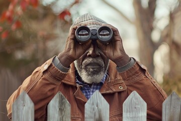 Wall Mural - curious old man looking with binoculars