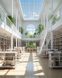 Modern snow-white library with a glass ceiling, stairs and many bookshelves