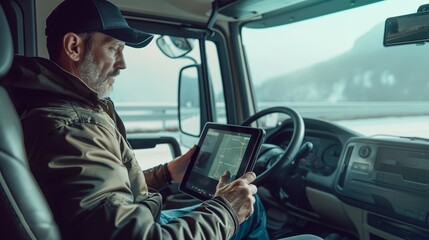 Truck Driver Inputs Destination on Tablet from Cabin Seat.