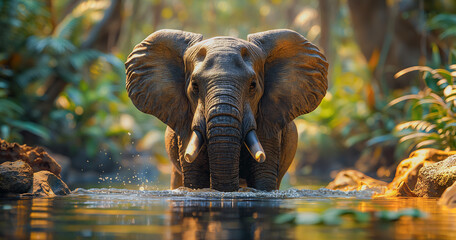 Wall Mural - Wild elephants are bathing in the stream. Amidst the lush green forest Image generated by AI