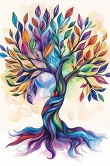 Poster - Vibrant 3d tree mural with colorful leaves, elegant abstraction wallpaper for interior decor