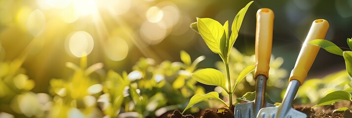 Gardening tools for gardener, green plants at spring day.