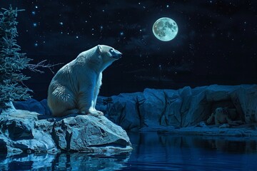 Wall Mural - polar bear at the north pole wandering at night