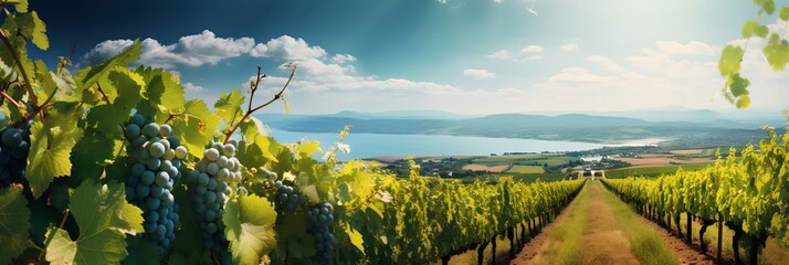 Wall Mural - Vineyard at sunny day, green vines and ripe grapes