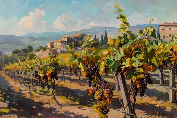 Wall Mural - Vineyard at sunny day, green vines and ripe grapes