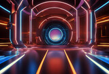 Fototapeta Do przedpokoju - 3d render neon light abstract background round portal rings circles virtual reality ultraviolet spectrum laser show fashion podium stage floor reflection stock photo