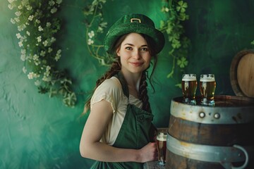 Wall Mural - woman dressed as a waitress with glasses of beer on st patrick's day celebration