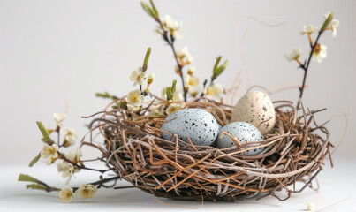 Wall Mural - Easter decoration with eggs like nest for them with flowers. White beige blue brown green colors