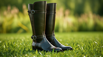 Wall Mural - Leather riding boots on a grassy green background.