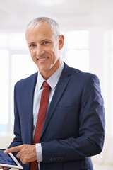 Poster - Portrait, smile and economy with man, tablet and business with internet and accountant with investment. Face, employee and broker with technology or charts with company profit or startup with trading