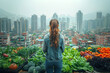 Middle-aged woman working in her urban garden with skyscrapers in the background