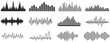 Sound wave icon, podcast player interface, music symbol, sound wave, loading progress bar and buttons.