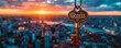 Golden key with a tag labeled SUCCESS held up against a sunset cityscape backdrop, symbolizing the unlocking of potential and achievement