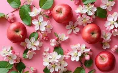 Aufkleber -  Fresh red apples and apple blossom flowers on a pink surface