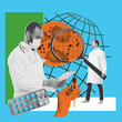 © master1305 - Two med, doctors, scientists making medical researches for illness treatment cures. Epidemiological studies. Contemporary art collage. Concept of medicine, healthcare, pharmacy and science